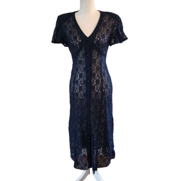 1990s Sheer Lace Dress Medium Navy Blue Button Up Fairy Whimsigoth Romantic - Picture 2 of 11